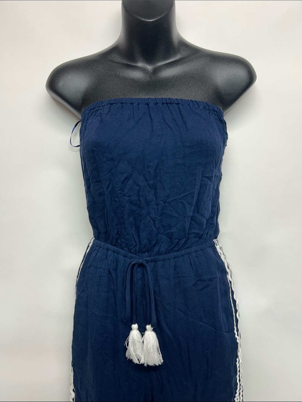Strapless Navy Wide-Leg Jumpsuit with Tassel Tie surf gypsy size small - Picture 2 of 7
